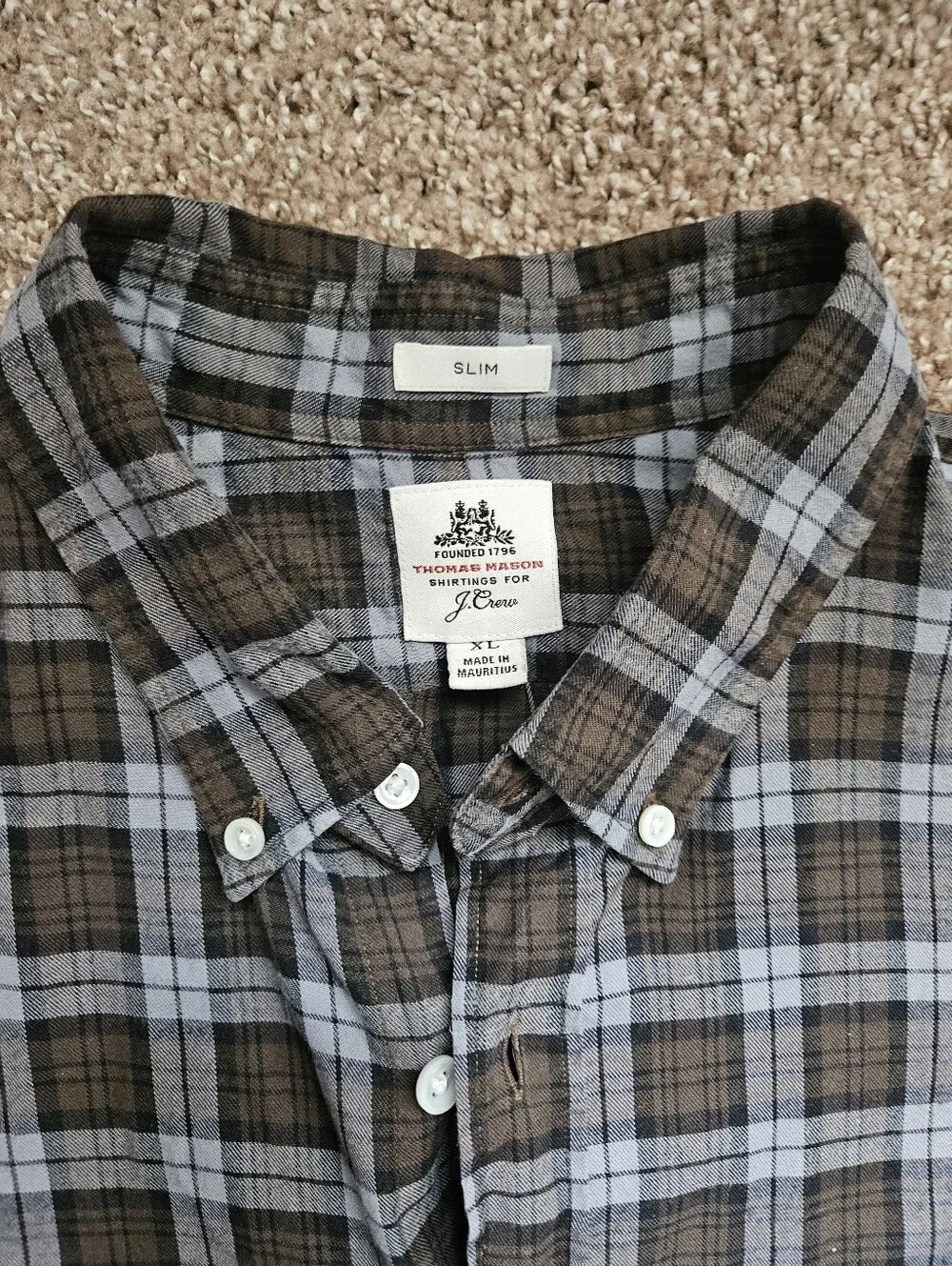 J. CREW x THOMAS MASON Slim Fit Brown Blue Plaid Button Down Shirt | SZ XL